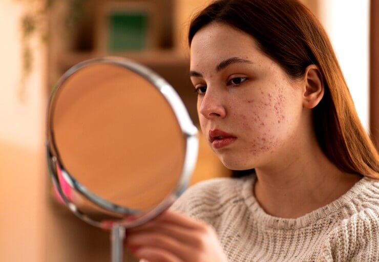 Jeune fille regarde au miroir son acné