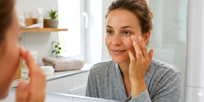 Femme qui applique une crème pour cacher ses cernes sans maquillage