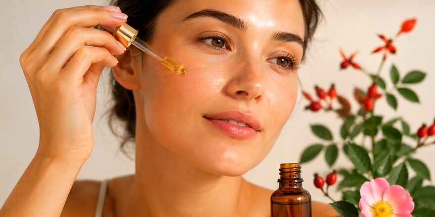 bienfaits de l'huile de rose musquée pour le visage d'une femme