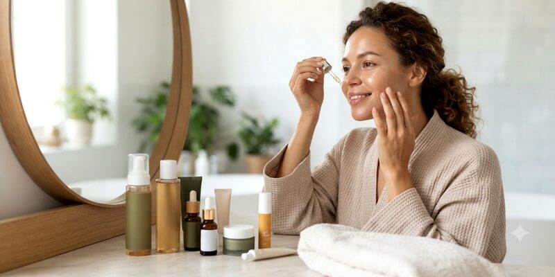 Femme dans une routine de beauté devant son miroir