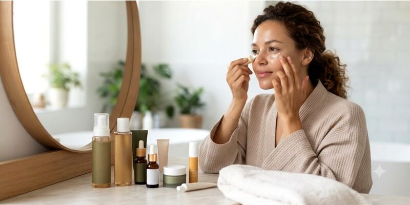 Jeune femme hydrate son visage pour une routine skincare