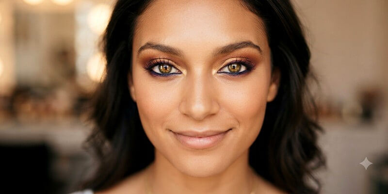 maquillage des yeux associant un fard à paupières chaud (cuivre-bronze) sur la paupière mobile à un trait d'eye-liner foncé
