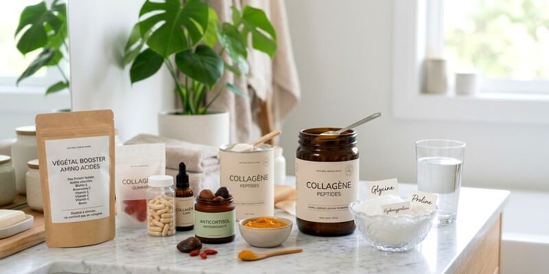 ensemble de compléments alimentaires et d'ingrédients de soins de la peau sur un plan de travail de salle de bain